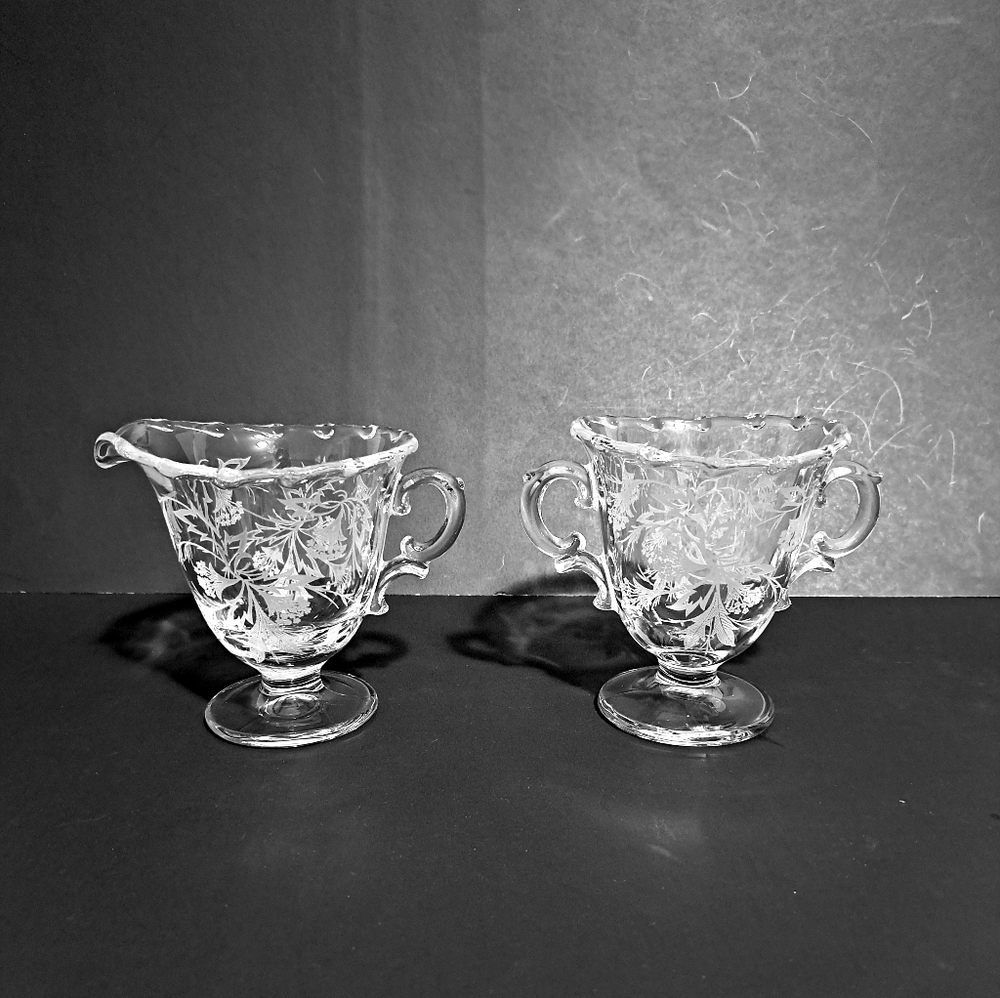 Fostoria Etched Heather Clear Glass Creamer and Sugar Set